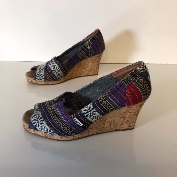 Toms Open Toe Canvas Shoes Womens Size 9W Cork Heel Hippie Boho Colorful Wedge - Picture 2 of 8